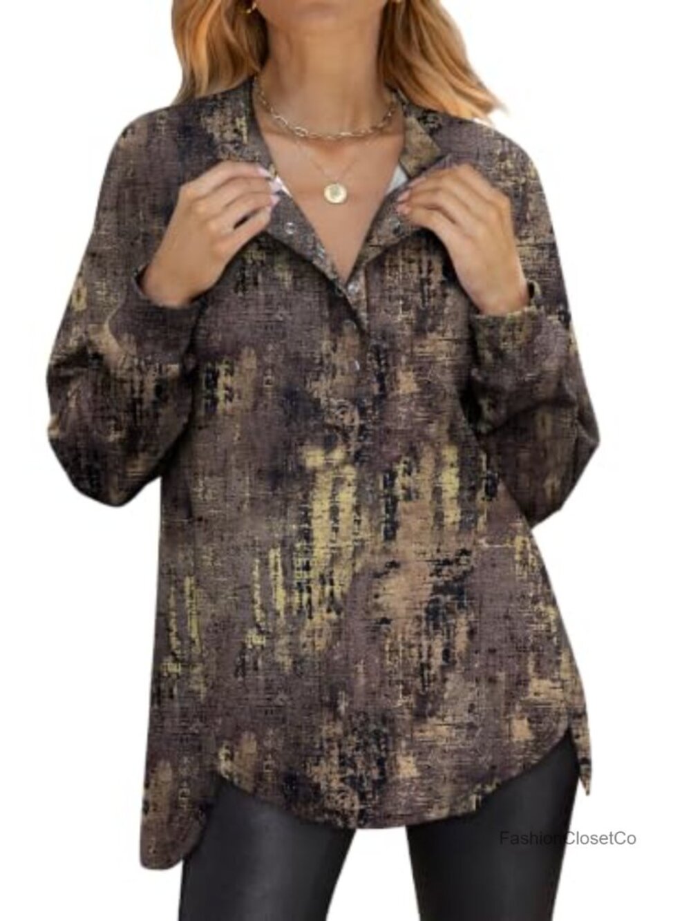 Women's Oversized Printed Henley Neck Pullover Tunic Sweatshirt Long Sleeve